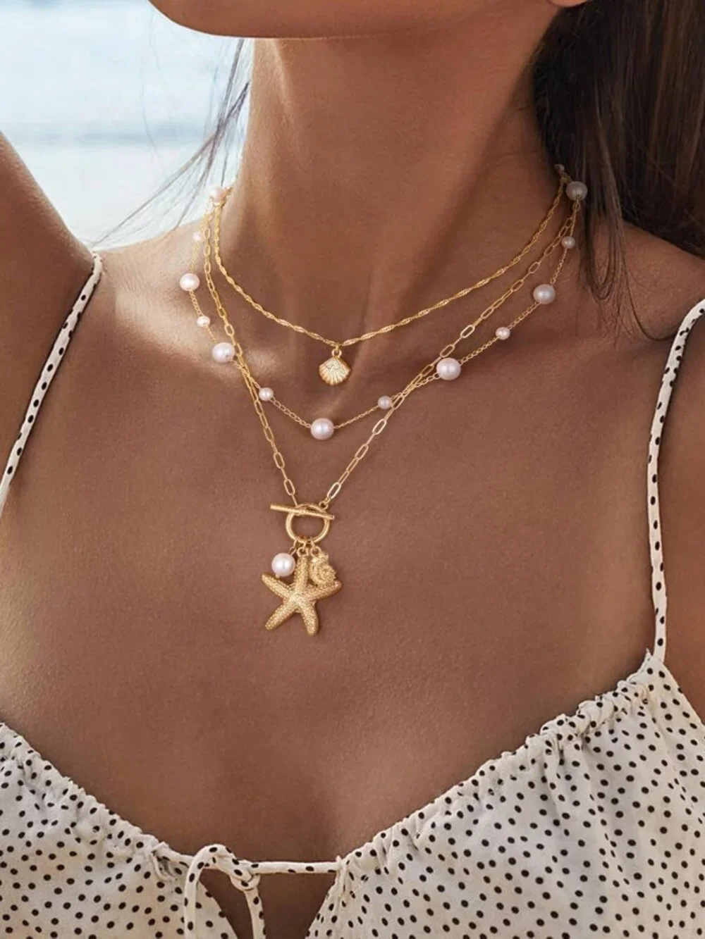 Layered Shell Necklace for Women, Starfish Pearl Pendant, Adjustable Beach - Picture 2 of 9
